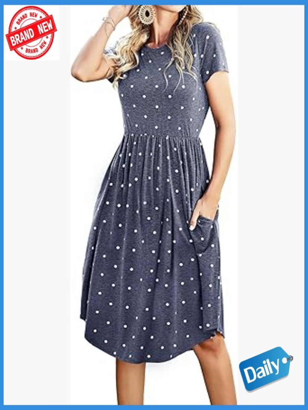 Modest Midi Dress with Pockets Short Sleeve Elastic Waist Casual Work Outfit